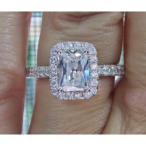 925 STERLING SILVER Radiant Cut Clear Cubic Zirconia Halo Ring - Picture 11 of 16